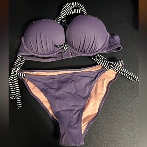 Victoria's Secret 2-Cup Bombshell Purple Bikini Set with Striped Accents